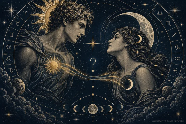 Editorial illustration accompanying: What conversation question fits a synastry chart with strong attraction but weak emotional contact?