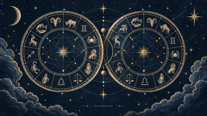Illustrative synastry scene with two complete zodiac wheels facing each other beneath a crescent Moon, linked by a fine brass line.