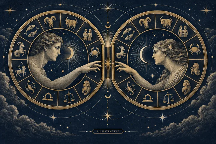 Illustrative Venus-Mars layer with the Venus and Mars symbols reaching across two matching zodiac wheels toward a shared central star.