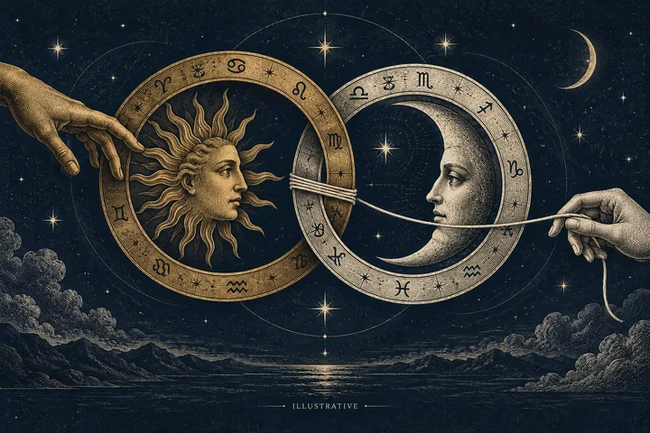 Illustrative Moon and Sun close-up in linked zodiac circles, with a cord held between them to suggest emotional timing and a chosen boundary.