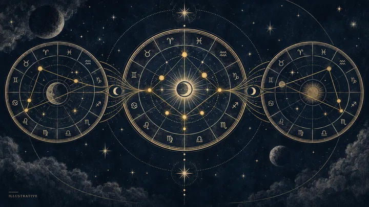 Three connected zodiac wheels with gold lines and symbols against a dark, star-filled sky.