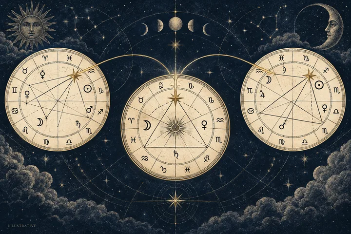 Three cream-colored astrology wheels connected by curved gold lines, with moon phases, stars, clouds, and sun and moon faces around them.