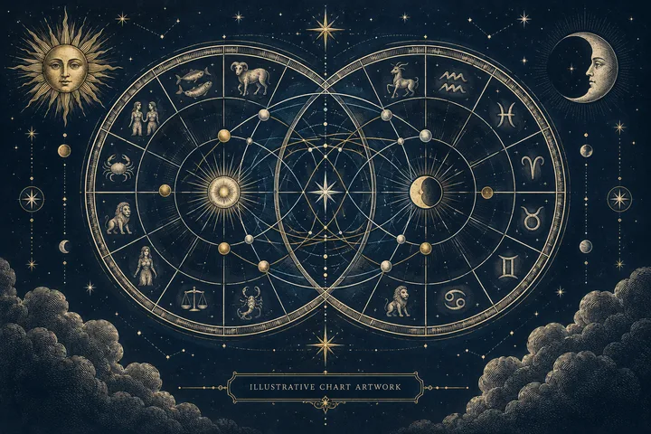 Illustrative brass synastry wheel beside a short aspect table, showing the wheel as a map of signs, houses, and relationship patterns.