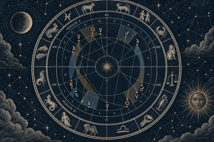 Illustrative two-ring synastry chart with house numbers and planetary glyphs, highlighting how one person’s planets overlay the other person’s life areas.