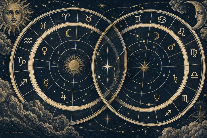 Illustrative close-up of linked Moon, Venus, and Mars symbols across a synastry wheel, representing repeated themes beyond isolated aspect lines.