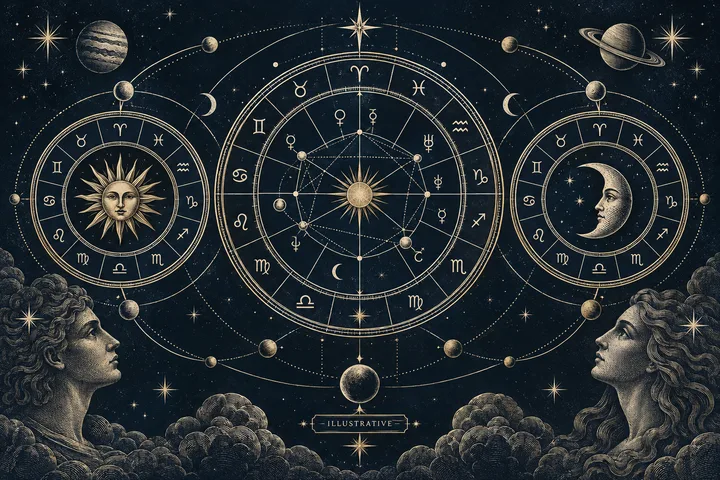 Three gold zodiac circles against a starry background, with a sun face in one circle, a moon face in another, and two sculpted faces looking toward the charts.