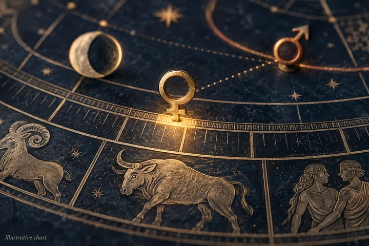 Engraved midnight-blue synastry chart with a glowing Venus symbol over degree divisions, the Moon and Mars nearby, and zodiac figures below.