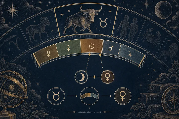 Illustrative engraved zodiac arc divided into five unequal bound intervals, with degree markers and Moon–Venus symbols connected below.