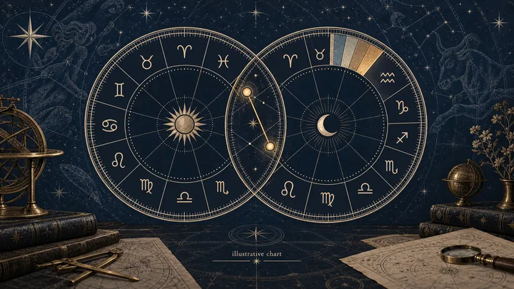 Two overlapping engraved zodiac wheels with a highlighted planetary connection, degree markings, and an illustrative chart label.