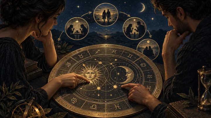 Editorial illustration accompanying: How can a couple test one synastry interpretation against a real recurring situation?