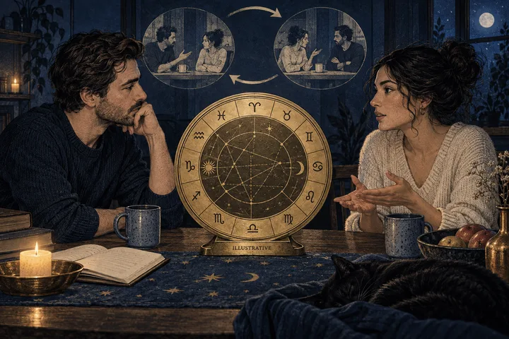 Editorial illustration accompanying: How can a couple test one synastry interpretation against a real recurring situation?