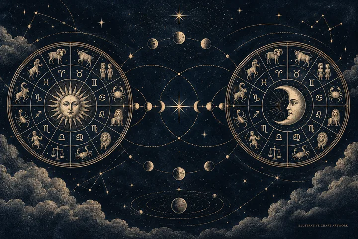 Illustrative engraved synastry wheel with two orbiting chart rings, showing a symbolic contact being compared with a repeated relationship pattern.
