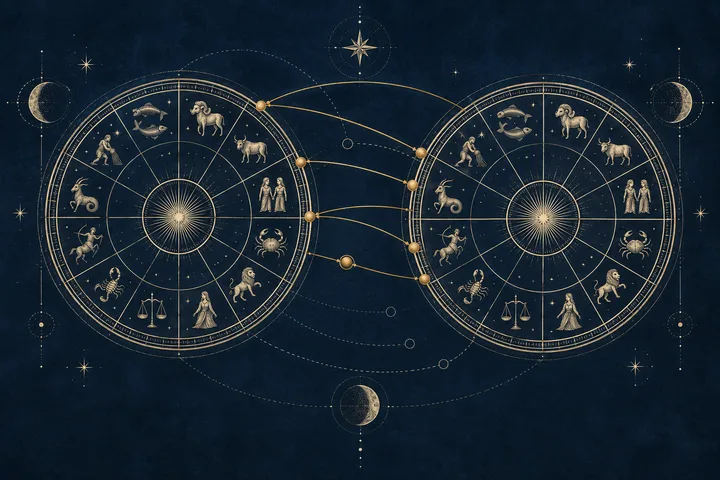 Illustrative brass planet symbols arranged as a three-pass comparison, linking a Venus-Mars exchange to calm and tense relationship scenes.