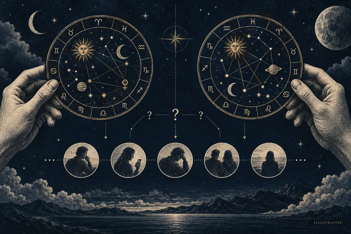 Illustrative close-up of an engraved aspect line meeting a boundary marker, representing degrees, orb, and the limits of a synastry interpretation.