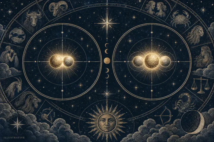 Midnight-blue engraved zodiac wheel with three brass planetary symbols gathered beside a smaller two-planet conjunction diagram, showing the layered structure of a synastry comparison.