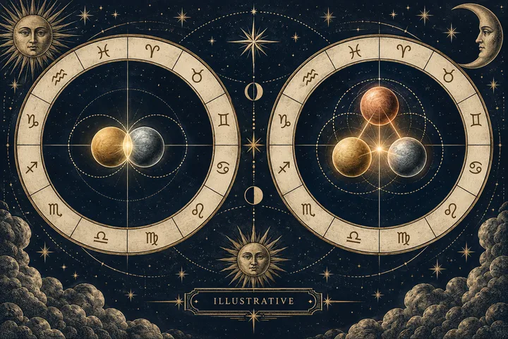 Two midnight-blue zodiac wheels with generic brass planet symbols arranged in separate chart spaces, illustrating a two-planet and three-planet synastry comparison.