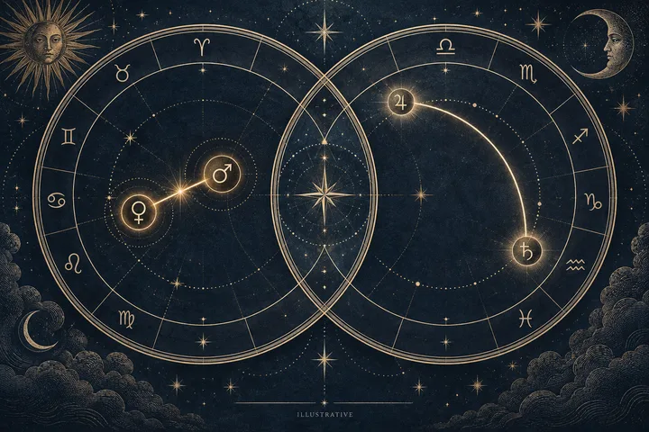 Illustrative engraved synastry chart with overlapping zodiac wheels, a precise Venus–Mars connection, and a wider brass aspect arc on a midnight-blue background.
