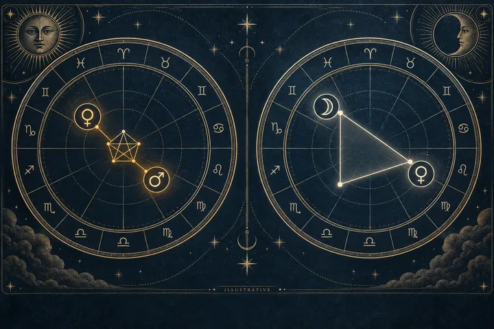 Illustrative side-by-side engraved synastry comparison: a compact Venus–Mars geometric link beside a broad Moon–Venus triangle in ivory and brass on midnight blue.
