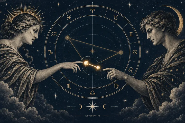 Two classical robed figures face a large circular diagram marked with zodiac symbols and connected glowing points, against a starry blue sky with clouds and a crescent moon.