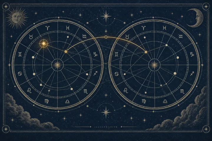 Two circular diagrams filled with zodiac symbols, dots, and connecting lines appear side by side on a dark starry background, with a sun, crescent moon, and clouds.