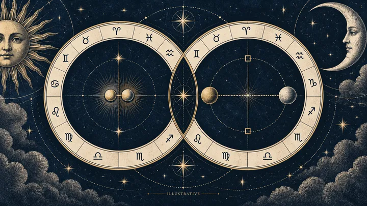 Illustrative engraved synastry diagram with one close harmonious line and one wider tense line
