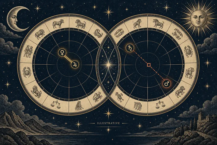 Illustrative zodiac geometry showing the difference between an aspect angle and its orb