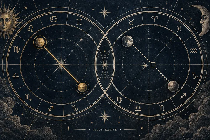 Illustrative synastry chart theme connecting planetary comparison with a practical couple conversation