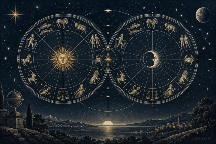 Two engraved zodiac wheels, one centered on the Sun and one on the Moon, linked above a moonlit landscape to represent a synastry comparison.