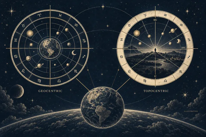 Illustrated comparison of geocentric and topocentric chart wheels, with Earth shown between a planetary wheel and a local horizon marked by the four angles.