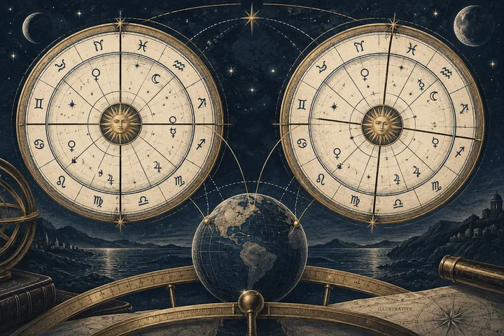 Two detailed astrological wheels with Venus, Moon, Mercury, and Jupiter glyphs above a brass globe and measuring arc, illustrating different chart layers.