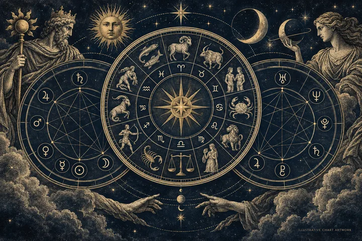 Engraved zodiac wheel with animal and human figures, surrounded by planetary symbols, stars, and two robed figures