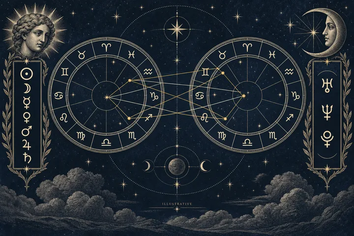 Two zodiac wheels connected by crossing lines, with planetary symbols in panels at either side