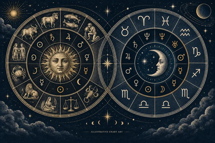 Two overlapping zodiac wheels, one centered on a sun face and the other on a crescent moon face