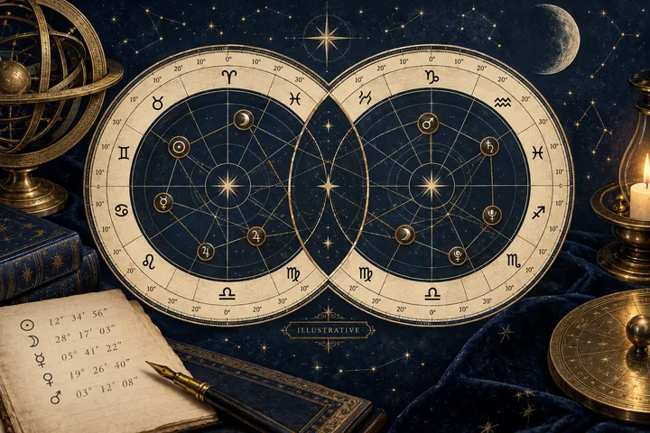 Editorial illustration accompanying: How should a reader transcribe degrees, minutes, and seconds before checking synastry?