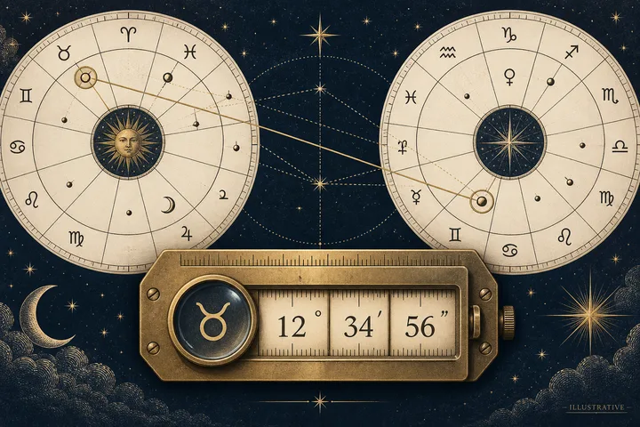 Editorial illustration accompanying: How should a reader transcribe degrees, minutes, and seconds before checking synastry?