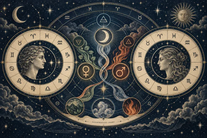 Engraved illustrative synastry tableau with two zodiac wheels facing each other around Moon, Venus, Mars, and three elemental triplicity threads in a midnight-blue and brass palette.