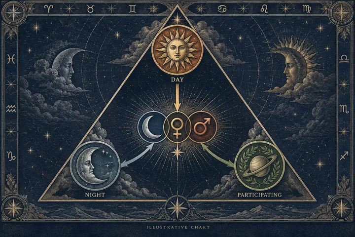 Engraved triplicity support triangle showing day, night, and participating planetary threads converging on Moon, Venus, and Mars symbols, marked as an illustrative chart.