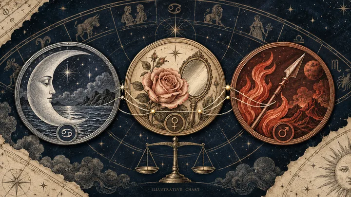 Engraved close-up of Moon, Venus, and Mars medallions linked by synastry threads above a balance scale, with an illustrative zodiac chart backdrop.