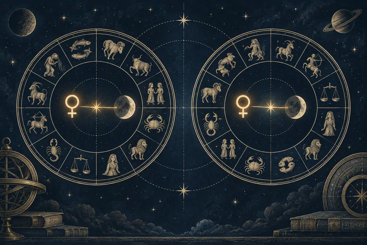 Two engraved zodiac wheels with Venus and Moon connected by a luminous synastry arc against a midnight-blue star field.
