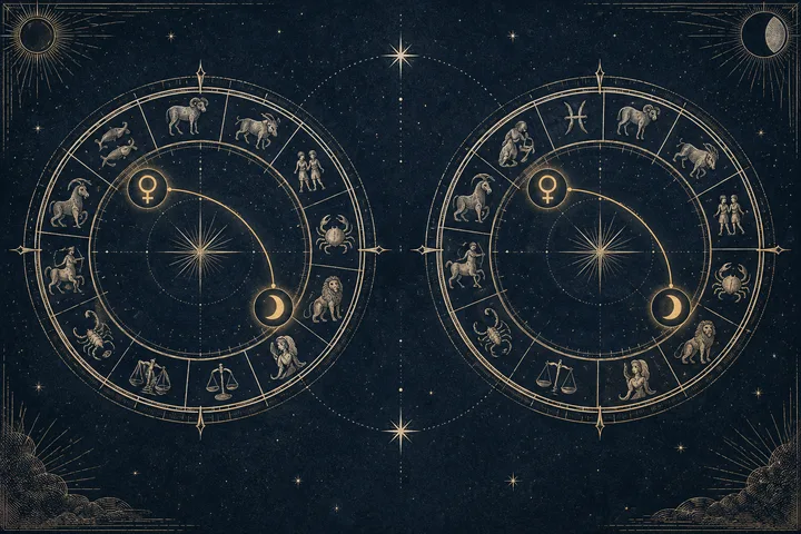 Two offset engraved zodiac reference rings preserve the same luminous Venus-Moon connection and angular relationship.