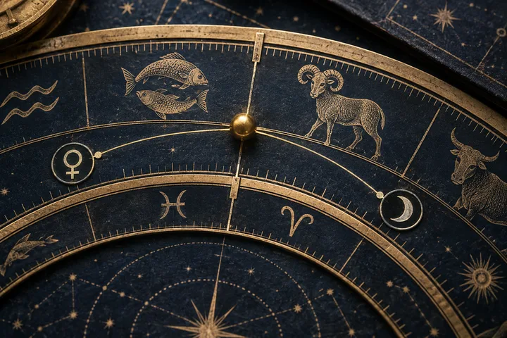 Close-up of an engraved brass zodiac instrument with Venus and Moon glyphs spanning a sign boundary.