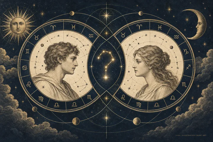 Engraved illustration of two profile portraits facing each other inside overlapping zodiac circles, with stars, a sun, and a crescent moon against a dark blue sky.