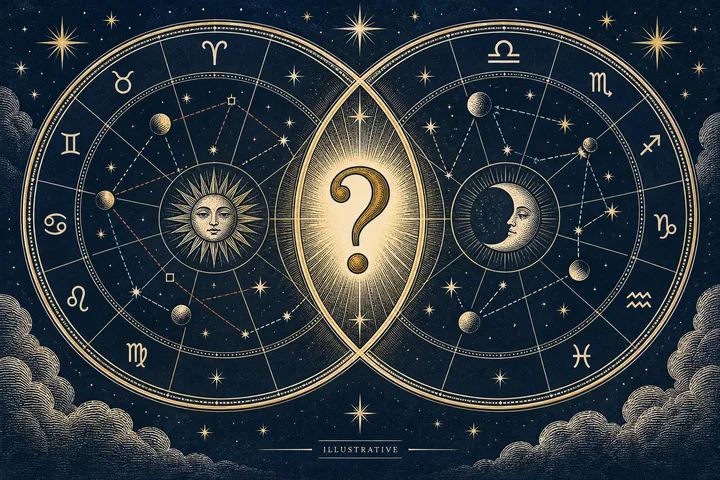 Two overlapping zodiac circles with sun and moon symbols, connected constellation lines, and a large question mark in the center.