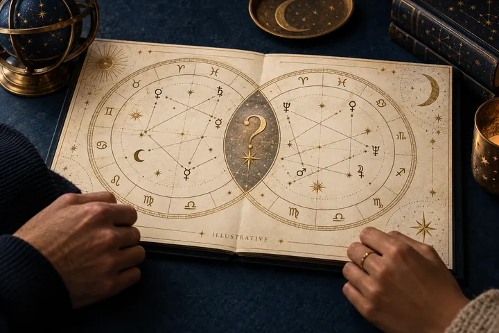 Open illustrated book displaying two zodiac charts with a question mark between them, held by two hands on a dark tabletop.