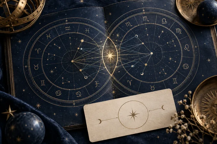 Open dark blue book showing two overlapping star-filled zodiac charts, with a bright central star and a card bearing sun, moon, and star symbols.