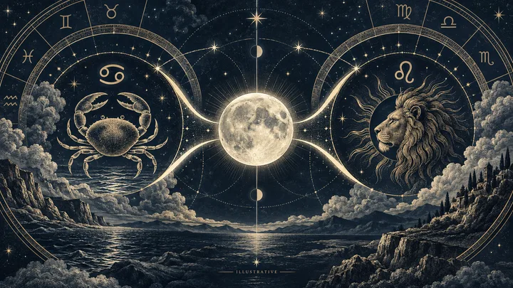 Editorial illustration accompanying: How should you handle two possible Moon signs when a birth date falls near a lunar sign change?
