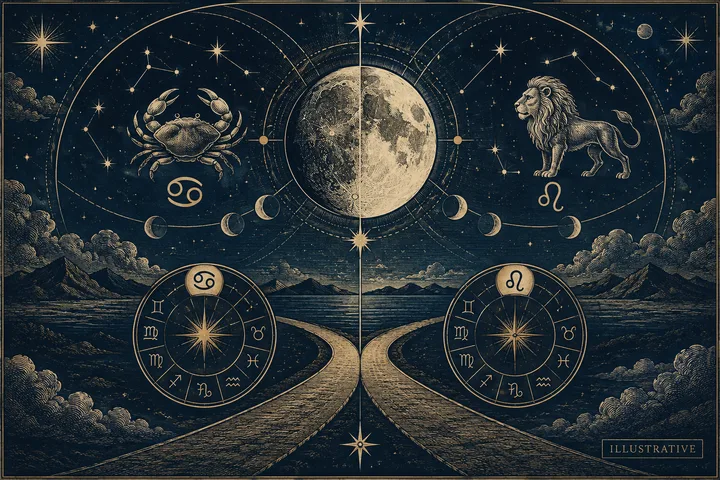 Editorial illustration accompanying: How should you handle two possible Moon signs when a birth date falls near a lunar sign change?