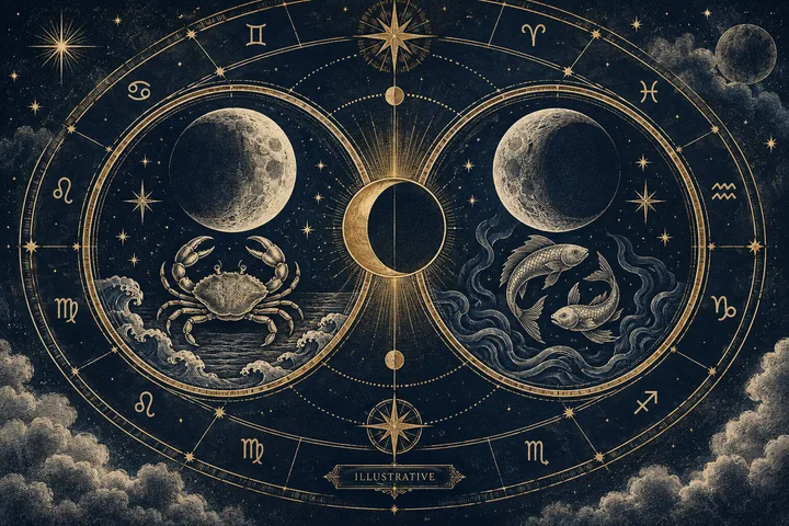 Editorial illustration accompanying: How should you handle two possible Moon signs when a birth date falls near a lunar sign change?