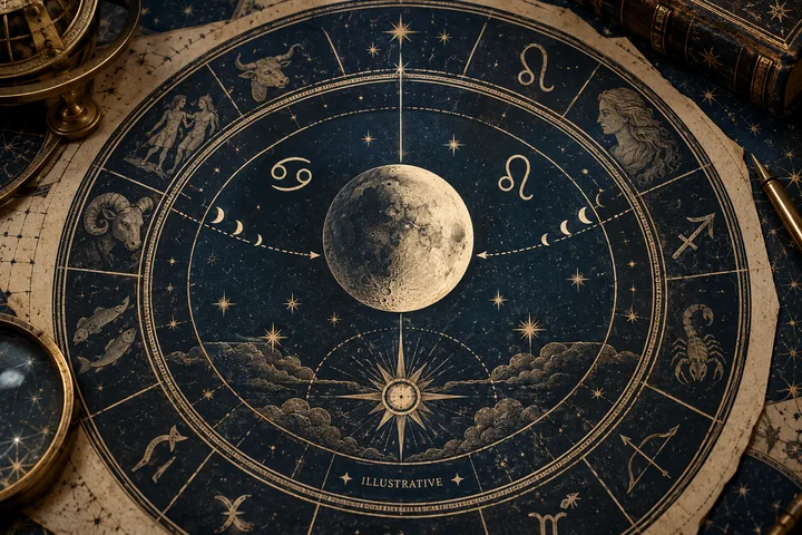 Editorial illustration accompanying: How should you handle two possible Moon signs when a birth date falls near a lunar sign change?
