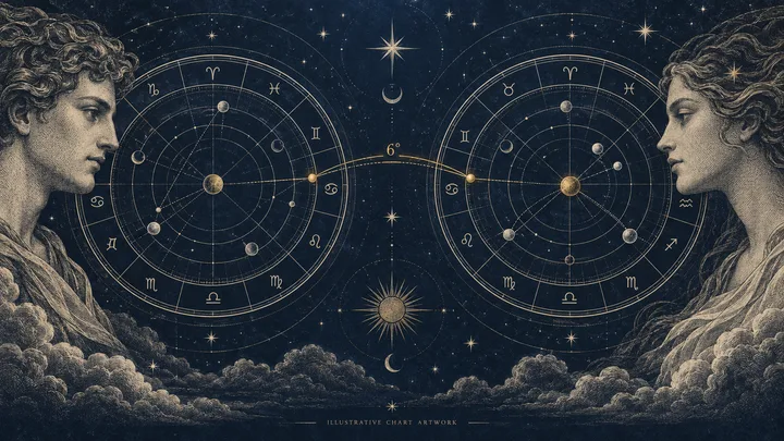 Two classical profile figures face paired circular zodiac charts connected by a gold line marked 6°, beneath a starry sky.